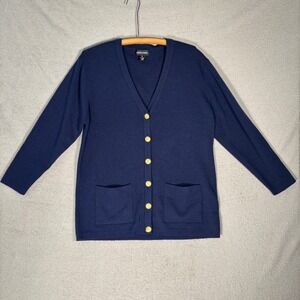 David Jones V Neck Cardigan‎ Mens M Navy Blue Merino Wool Sweater Gold Buttons